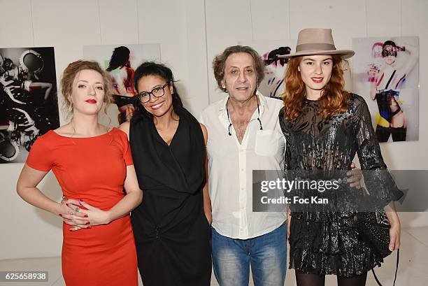 Artists Petronille Leroux, Missia O, Galerie 18 owner Jean Paul Lubliner and Julia Etedi attend "In Beetween" Collective Exhibition Preview at...