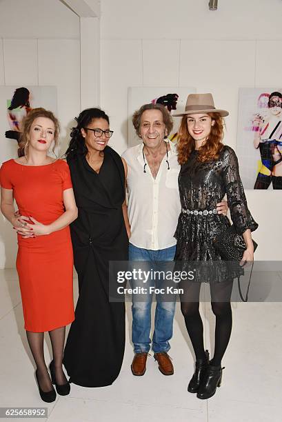 Artists Petronille Leroux, Missia O, Galerie 18 owner Jean Paul Lubliner and Julia Etedi attend "In Beetween" Collective Exhibition Preview at...