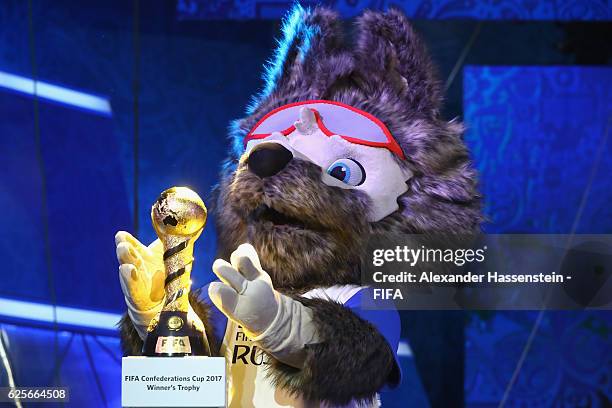 Zabivaka, the Official Mascot for the 2018 FIFA World Cup Russia, pose with the Winners's trophy for the FIFA Confederations Cup Russia 2017 is...