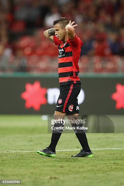 Nicolas Martnez of the Wanderers reacts after a missed cance during the round eight A-League match between the Western Sydney Wanderers and the...