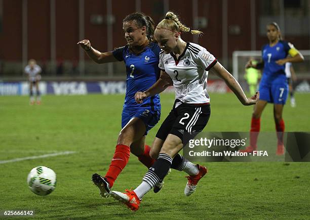 Marion Romanelli of France tries to tackle Anna Gerhardt of Germany during the FIFA U-20 Women's World Cup, Quarter Final match between Germany and...