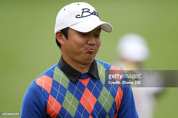 Lee Ho Soo of South Korea celebrates a shot during the second round of the Buick open at Guangzhou Foison Golf Club on November 25, 2016 in...