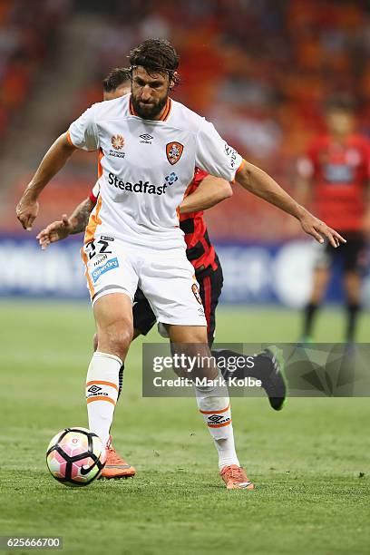 Thomas Broich of the Roar passes during the round eight A-League match between the Western Sydney Wanderers and the Brisbane Roar at Spotless Stadium...