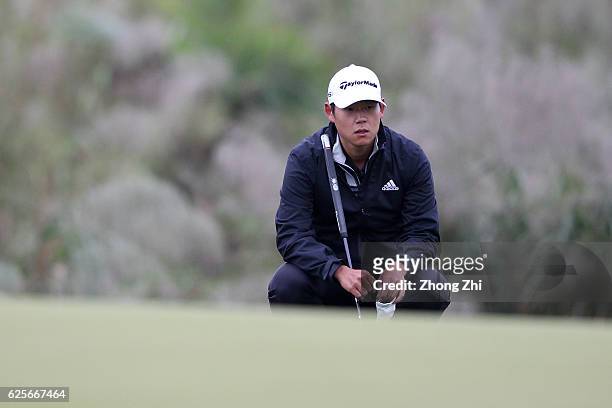 Justin Shin of Canada looks on during the second round of the Buick open at Guangzhou Foison Golf Club on November 25, 2016 in Guangzhou, China.