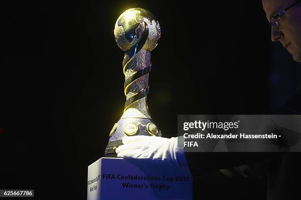 The Winners's trophy for the FIFA Confederations Cup Russia 2017 is displayed during the behind the scenes event at the main hall for the draw of the...