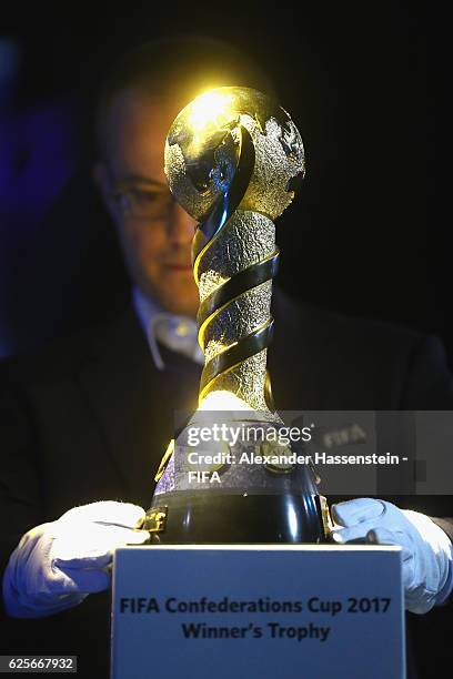 The Winners's trophy for the FIFA Confederations Cup Russia 2017 is displayed during the behind the scenes event at the main hall for the draw of the...