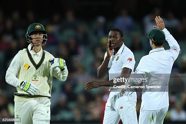 Kagiso Rabada of South Africa talks to Nic Maddinson of Australia after dismissing him for a duck during day two of the Third Test match between...