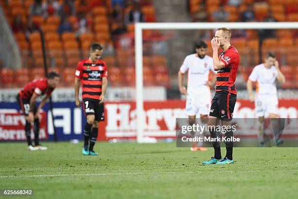 Jack Clisby of the Wanderers looks dejected after a 1-1 draw during the round eight A-League match between the Western Sydney Wanderers and the...