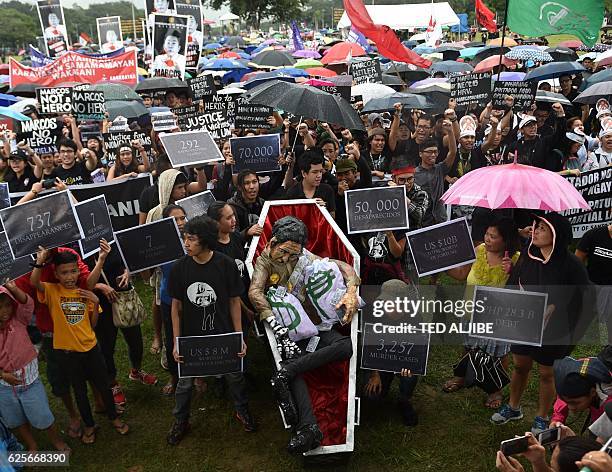 Thousands of anti-Marcos activitists carrying placards and mock coffin with a life-size paper mache depicting the the late dictator Ferdinand Marcos...