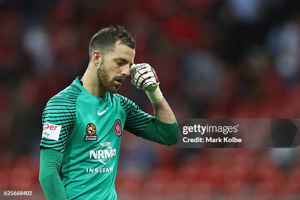 Jerrad Tyson of the Wanderers looks dejected after a 1-1 draw during the round eight A-League match between the Western Sydney Wanderers and the...