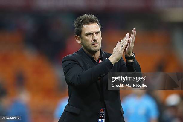 Wanderers coach Tony Popovic applauds the crowd after the round eight A-League match between the Western Sydney Wanderers and the Brisbane Roar at...