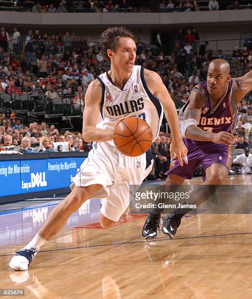 Steve Nash of the Dallas Mavericks drives against Stephon Marbury of the Phoenix Suns at the American Airlines Center in Dallas, Texas. DIGITAL IMAGE...