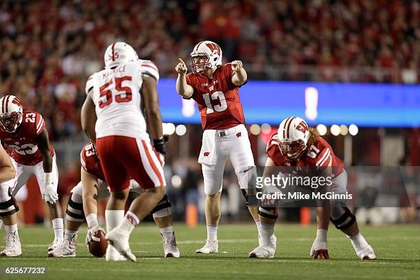 Bart Houston of the Wisconsin Badgers call out the play on offense during the game against the Nebraska Cornhuskers at Camp Randall Stadium on...