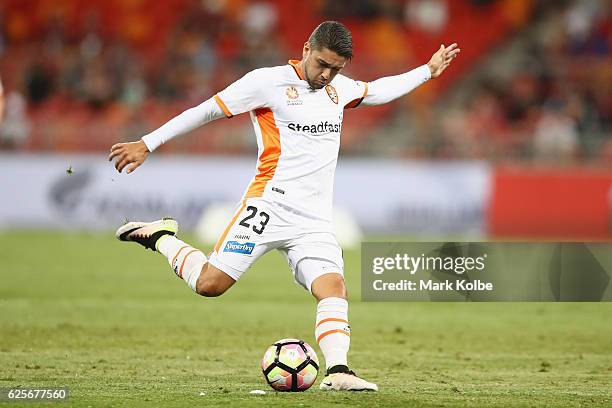 Dimitri Petratos of the Roar takes a free kick at goal during the round eight A-League match between the Western Sydney Wanderers and the Brisbane...