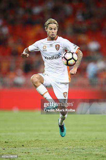 Jacob Pepper of the Roar jumps to secure the ball during the round eight A-League match between the Western Sydney Wanderers and the Brisbane Roar at...