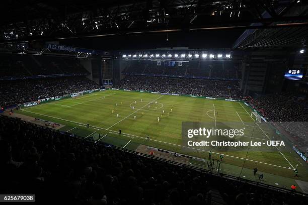 General view of Parken Stadium during the UEFA Champions League match between FC Copenhagen and FC Porto at Parken Stadium on November 22, 2016 in...