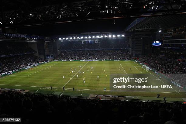 General view of Parken Stadium during the UEFA Champions League match between FC Copenhagen and FC Porto at Parken Stadium on November 22, 2016 in...