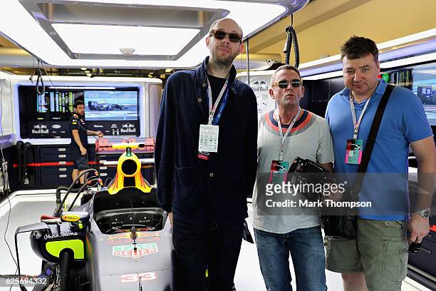 The Chemical Brothers in the Red Bull Racing garage during practice for the Abu Dhabi Formula One Grand Prix at Yas Marina Circuit on November 25,...
