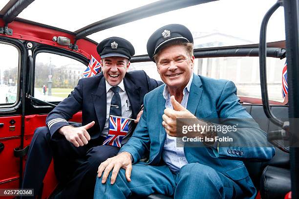 David Hasselhoff and a British Airways pilot drive around the streets of Munich in a uBA London taxi during a competition to launch the British...