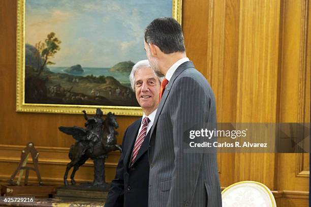 King Felipe VI of Spain receives Uruguay President Tabare Vazquez at Zarzuela Palace on November 25, 2016 in Madrid, Spain.