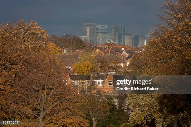 Seen through autumnal trees, a landscape in Herne Hill Lambeth SE24, south London and Canary Wharf in distant Docklands in the background on 18th...