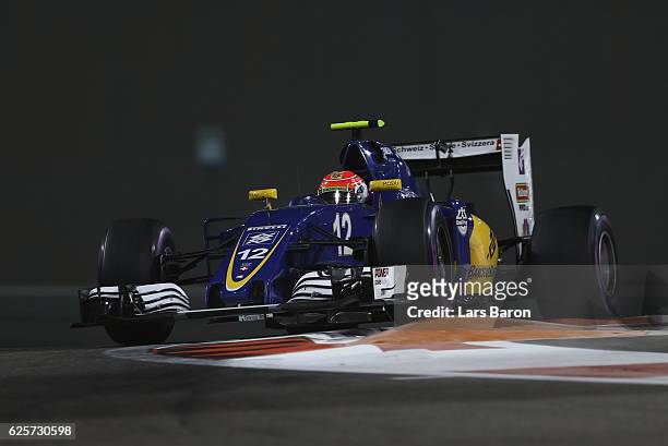 Felipe Nasr of Brazil driving the Sauber F1 Team Sauber C35 Ferrari 059/5 turbo on track during practice for the Abu Dhabi Formula One Grand Prix at...