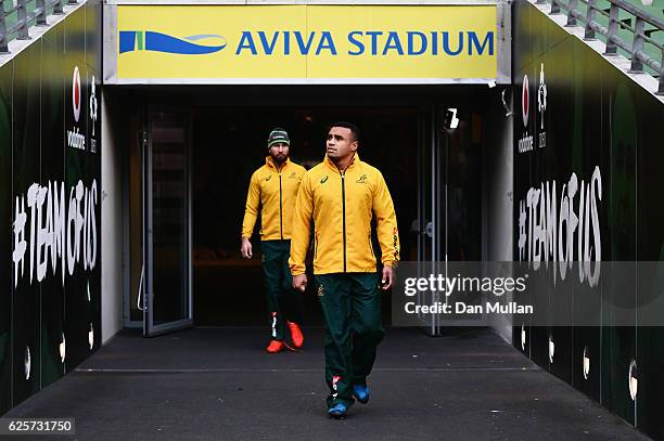 Will Genia walks out of the tunnel prior to the Australia Captain's Run on the eve of their international match against Ireland at Aviva Stadium on...
