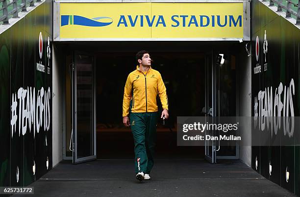 Rob Simmons walks out of the tunnel prior to the Australia Captain's Run on the eve of their international match against Ireland at Aviva Stadium on...