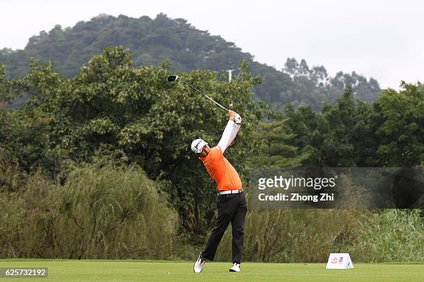 Guowu Zhou of China plays a shot during the second round of the Buick open at Guangzhou Foison Golf Club on November 25, 2016 in Guangzhou, China.