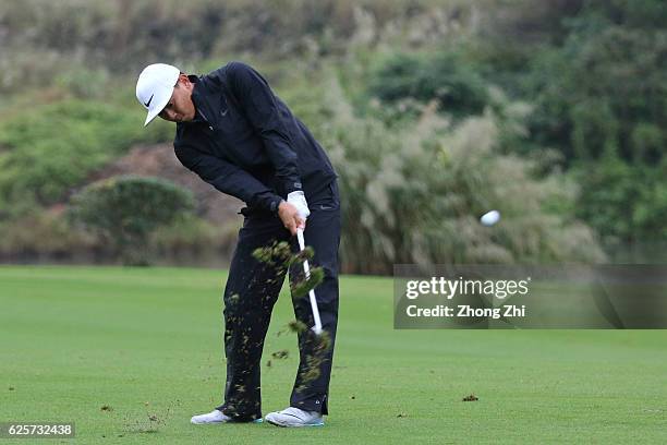 Zihao Chen of China plays a shot during the second round of the Buick open at Guangzhou Foison Golf Club on November 25, 2016 in Guangzhou, China.