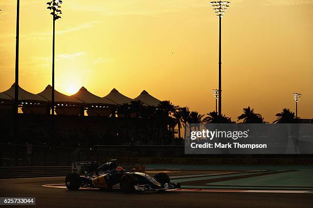 Felipe Nasr of Brazil driving the Sauber F1 Team Sauber C35 Ferrari 059/5 turbo on track during practice for the Abu Dhabi Formula One Grand Prix at...