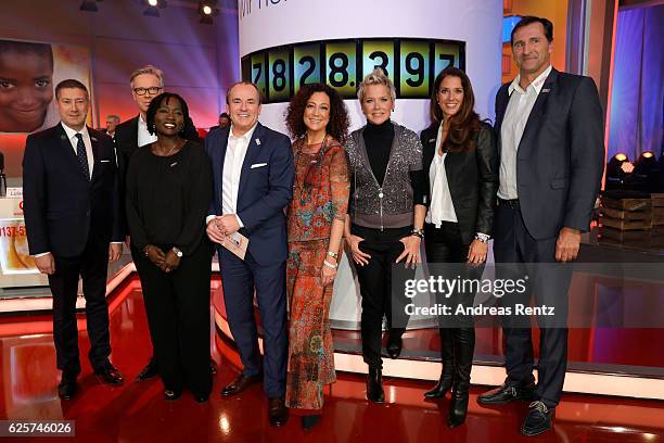 Joachim Llambi, Frank Hoffmann, Auma Obama, Wolfram Kons, Barbara Wussow, Inka Bause, Elena Bruhn and Lars Riedel are seen in the studio of the RTL...