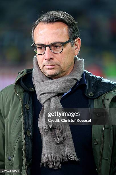 Chairman Martin bader of Hannover looks on prior to the Second Bundesliga match between Fortuna Duesseldorf and Hannover 96 at Esprit-Arena on...