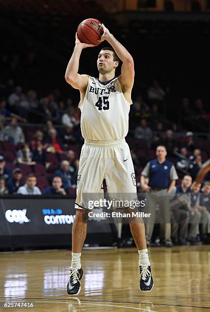 Andrew Chrabascz of the Butler Bulldogs shoots a 3-pointer against the Vanderbilt Commodores during the 2016 Continental Tire Las Vegas Invitational...