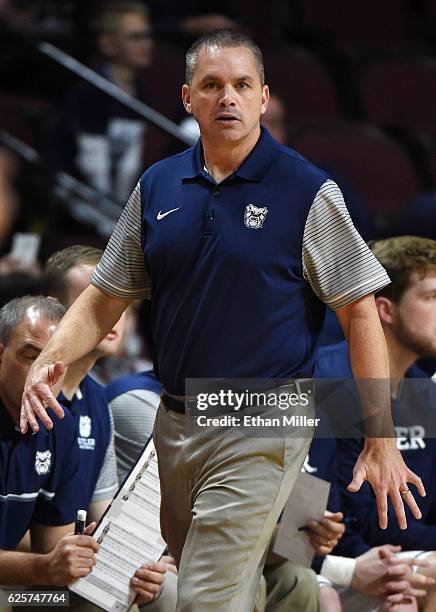 Head coach Chris Holtmann of the Butler Bulldogs looks on as his players take on the Vanderbilt Commodores during the 2016 Continental Tire Las Vegas...