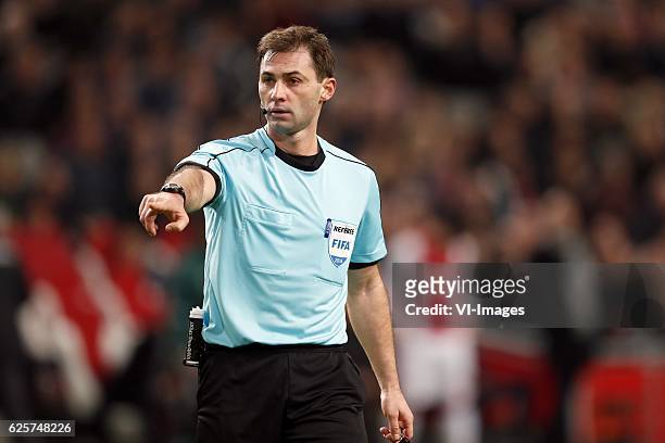 Referee Aleksei Eskovduring the UEFA Europa League group G match between Ajax Amsterdam and Panathinaikos FC at the Amsterdam Arena on November 24,...
