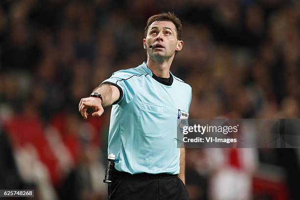 Referee Aleksei Eskovduring the UEFA Europa League group G match between Ajax Amsterdam and Panathinaikos FC at the Amsterdam Arena on November 24,...