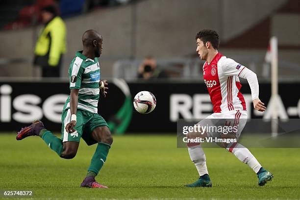 Victor Ibarbo of Panathinaikos F.C., Pelle Clement of Ajaxduring the UEFA Europa League group G match between Ajax Amsterdam and Panathinaikos FC at...