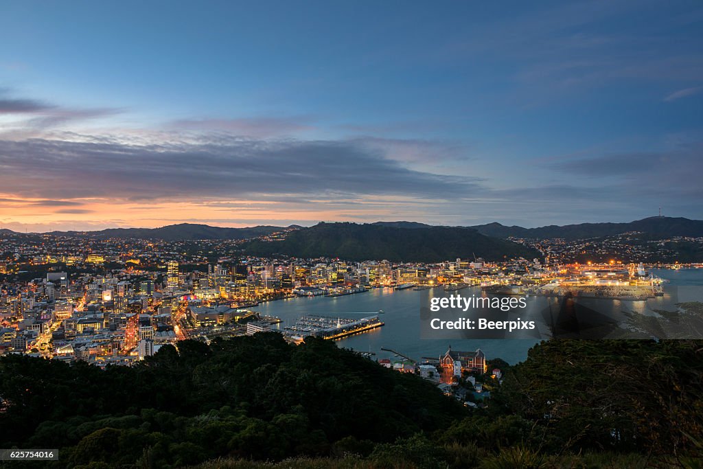 Twilight over Wellington at night, New Zealand.