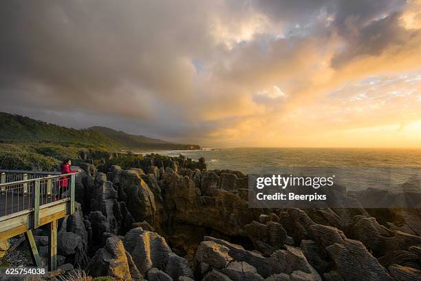 alone person was looking at pancake rocks, punakaiki, west coast, new zealand - greymouth stock-fotos und bilder