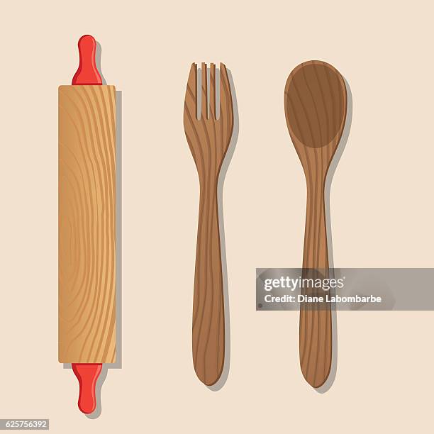 ilustraciones, imágenes clip art, dibujos animados e iconos de stock de elementos de cocina - rodillo y cuchara y tenedor de madera - cuchara-de-madera