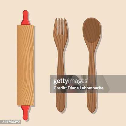 Cooking Elements - Rolling Pin and Wooden Spoon and Fork Cooking Elements - Rolling Pin and Wooden Spoon and Fork