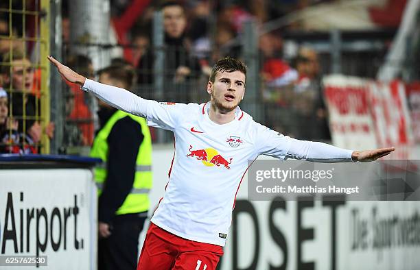 Timo Werner of RB Leipzig celebrates after scoring his second goal during the Bundesliga match between SC Freiburg and RB Leipzig at...