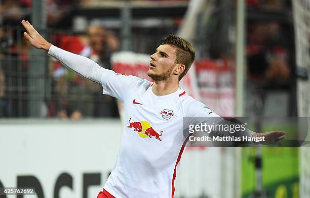 Timo Werner of RB Leipzig celebrates after scoring his second goal during the Bundesliga match between SC Freiburg and RB Leipzig at...