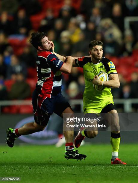 Owen Wiiliams of Leicester Tigers is tackled by Marc Jones of Bristol Rugby during the Aviva Premiership match between Bristol Rugby and Leicester...