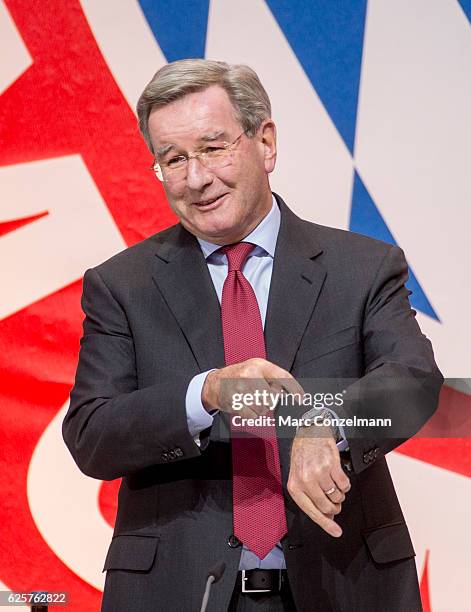 President of FC Bayern Muenchen Karl Hopfner speaks during the FC Bayern Muenchen Annual General Assembly at Audi-Dome on November 25, 2016 in...