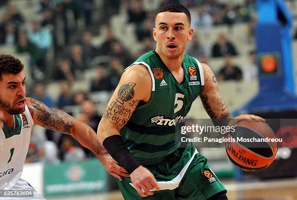 Mike James, #5 of Panathinaikos Superfoods Athens competes with Scottie Wilbekin, #1 of Darussafaka Dogus Istanbul during the 2016/2017 Turkish...