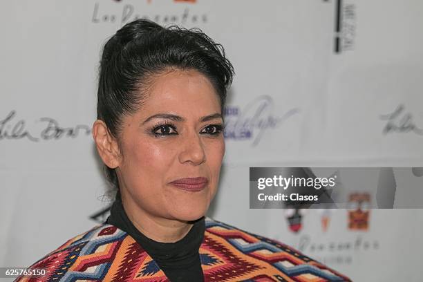 Mexican Singer Lila downs speaks at a press conference presenting the new alcoholic drink "Arte Mezcal" at Los Danzantes Restaurant on November 24,...