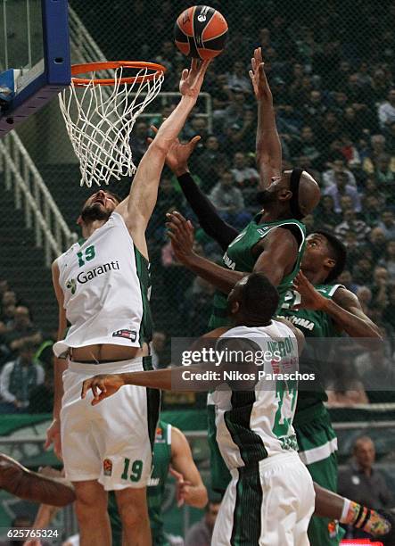 Furkan Aldemir, #19 of Darussafaka Dogus Istanbul competes with Chris Singleton, #0 of Panathinaikos Superfoods Athens during the 2016/2017 Turkish...