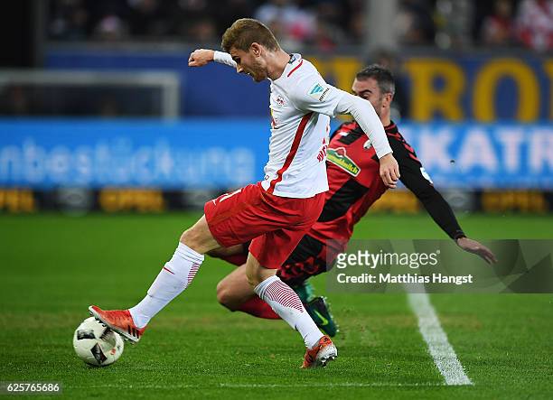 Timo Werner of RB Leipzig scores the second goal for RB Leipzig during the Bundesliga match between SC Freiburg and RB Leipzig at Schwarzwald-Stadion...